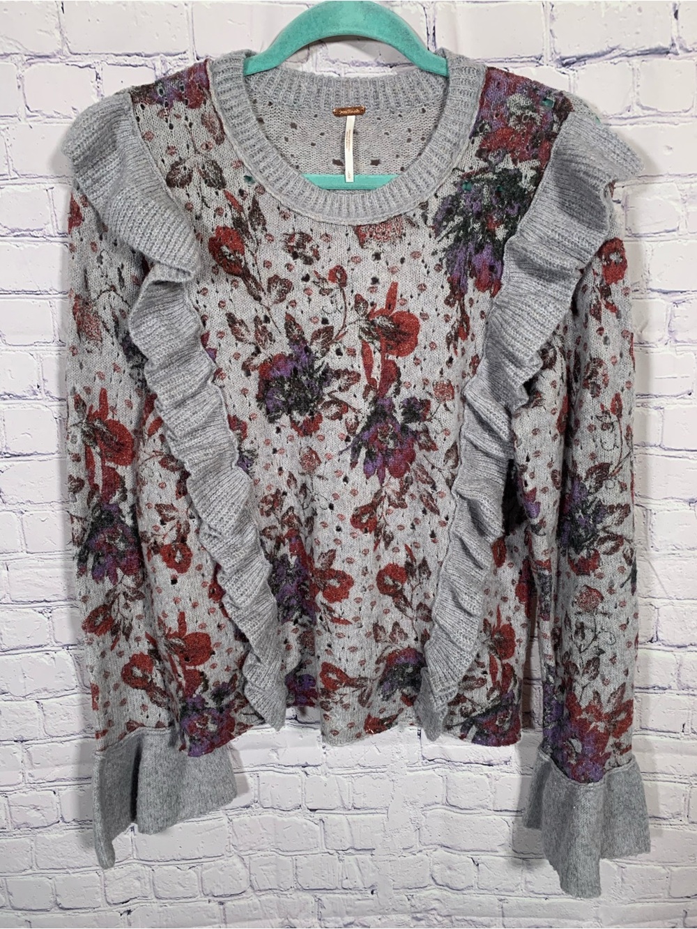 Free People Womens Love Fool Pullover Sweater Ruffles Floral Sz L Bell Sleeve